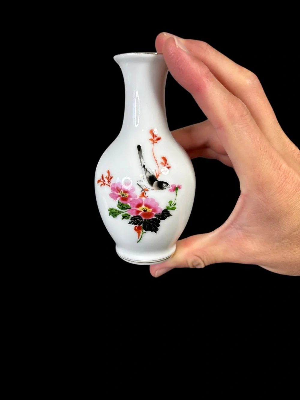 Vintage Chinese White Floral Bird Ceramic Bud Vase
